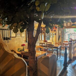 Großer Baum im rustikalen Gastraum mit Holztischen und Stühlen im Wirtshaus Ausspann´